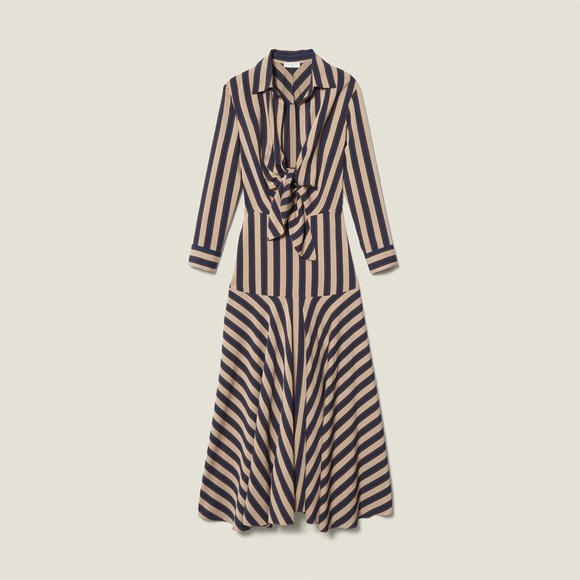 Sandro Paris Vilna Striped Tie-Front Midi Dress Beige/Blue Size 42 (US 10) NWT - Picture 1 of 12